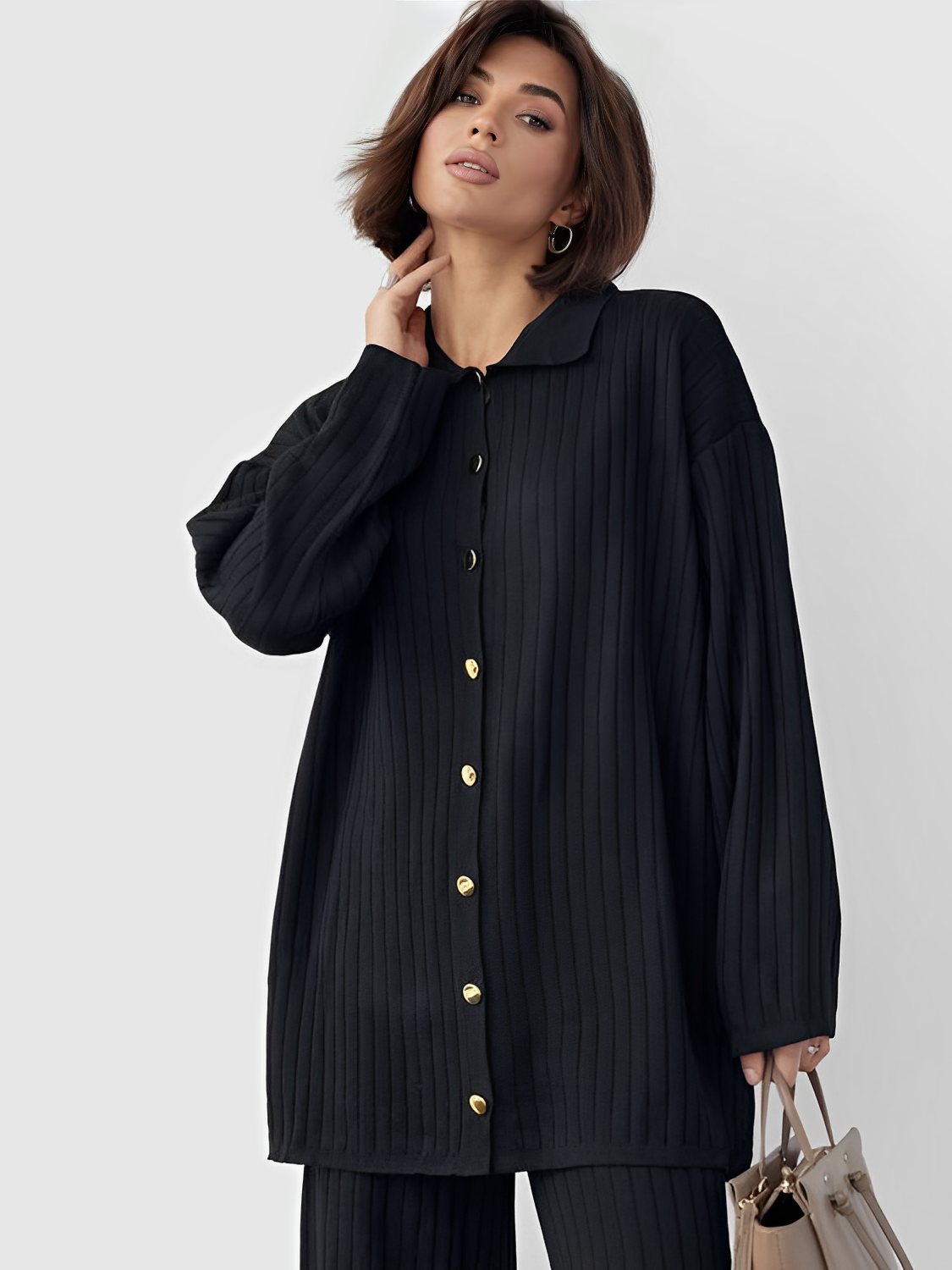 Conjunto Canelado com Camisa Alongada de Botões e Calça Reta
