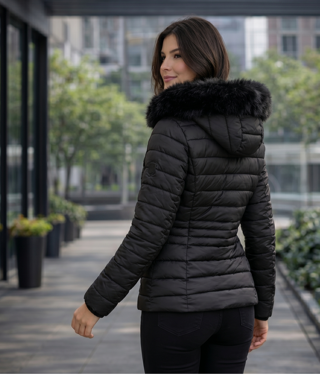 Jaqueta Puffer Forrada Impermeável com Capuz de Pelinho