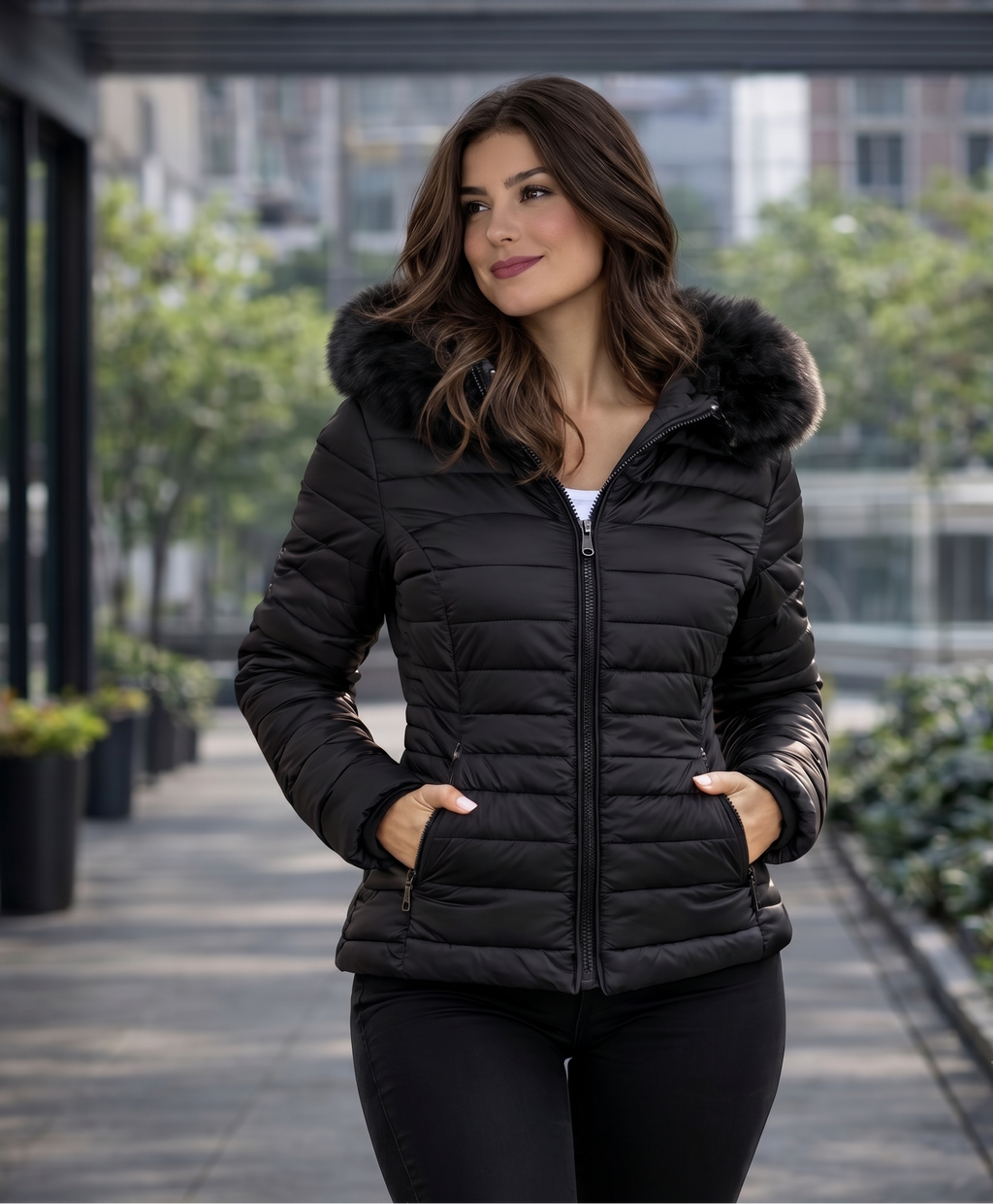 Jaqueta Puffer Forrada Impermeável com Capuz de Pelinho