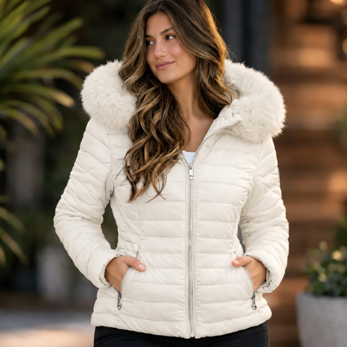 Jaqueta Puffer Forrada Impermeável com Capuz de Pelinho