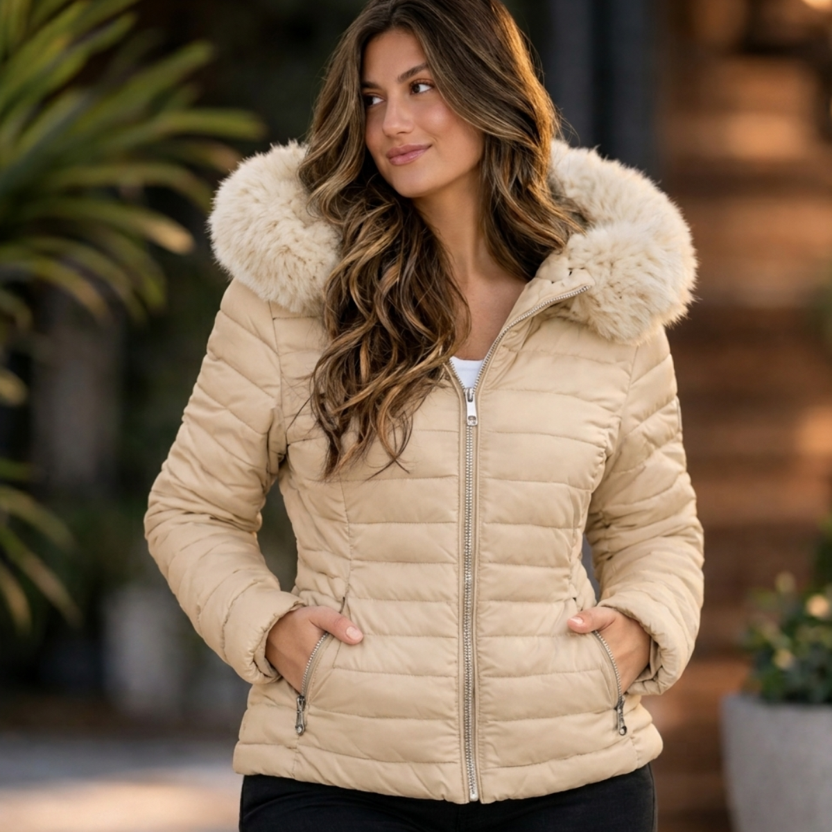 Jaqueta Puffer Forrada Impermeável com Capuz de Pelinho