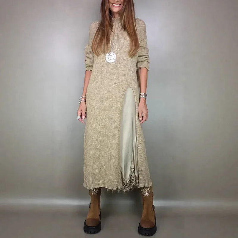 Conjunto Valérie™ de Vestido Acetinado com Babados e Sobreposição Longa com Fenda