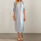 Vestido Aurelia em Linho de Algodão com Botões Laterais e Fenda Sofisticada