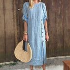 Vestido Adélie™ em Linho de Algodão com Botões Laterais e Fenda Sofisticada / Movimento e Elegância na Medida Certa!