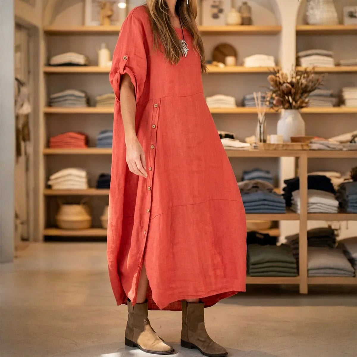Vestido Aurores™ em Linho de Algodão com Fenda Lateral