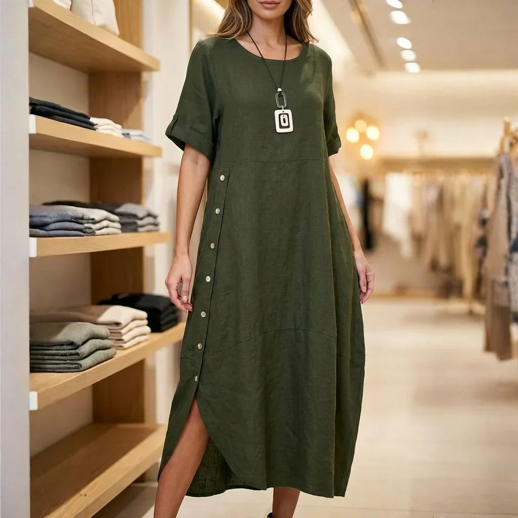 Vestido Aurores™ em Linho de Algodão com Fenda Lateral