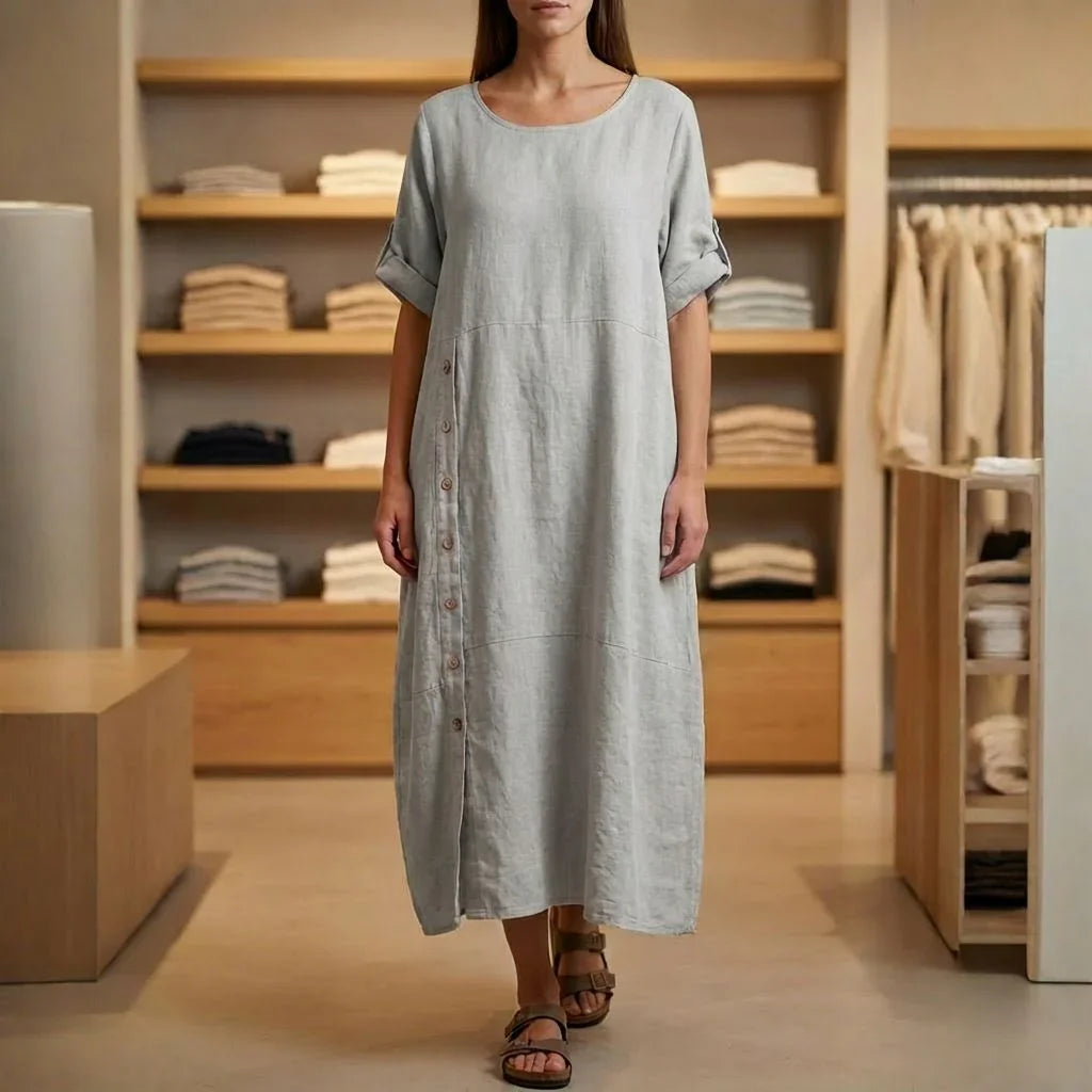 Vestido Aurores™ em Linho de Algodão com Fenda Lateral