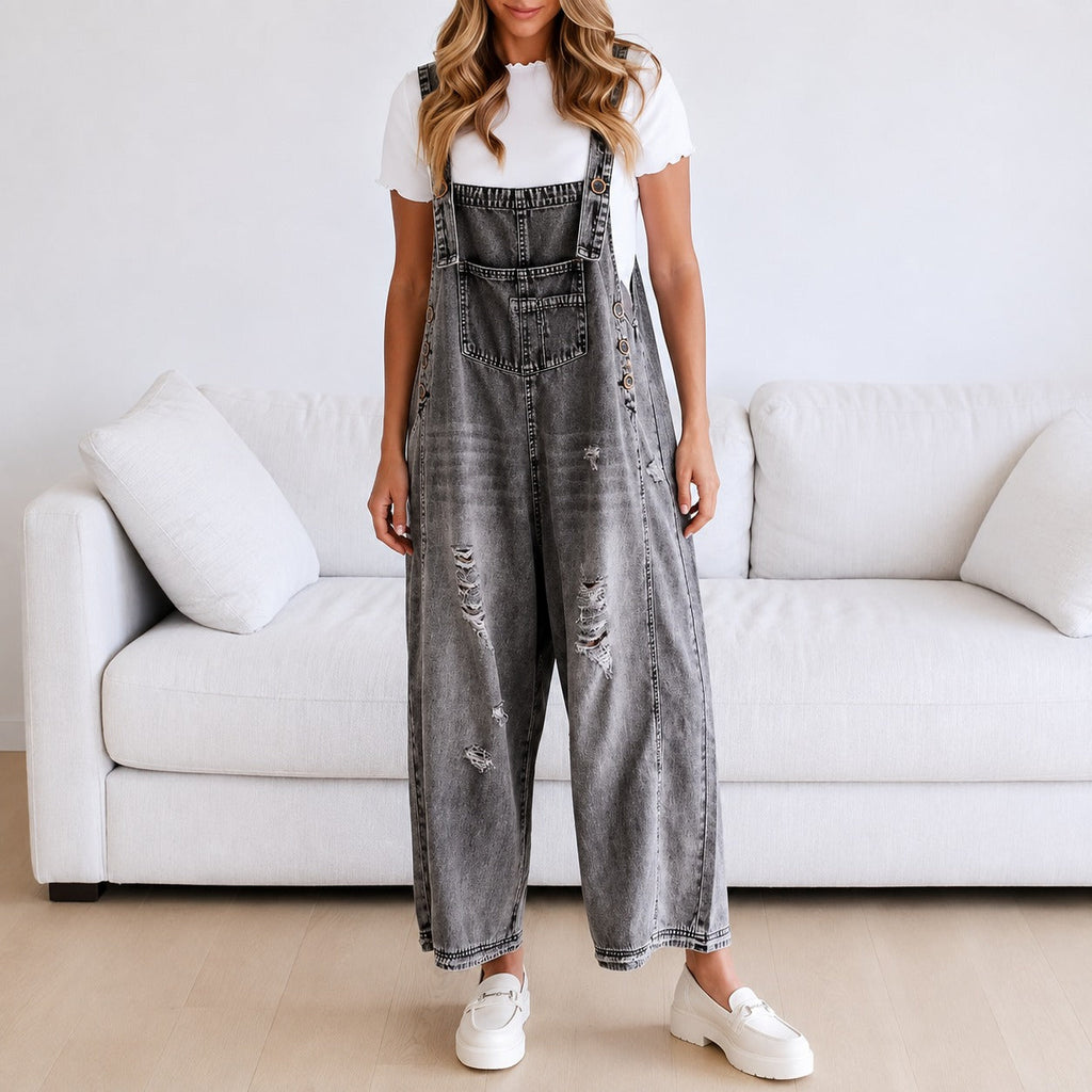 Macacão Janiele™ com Denim Vintage e Corte Amplo / Um Visual Que Nunca Sai de Moda