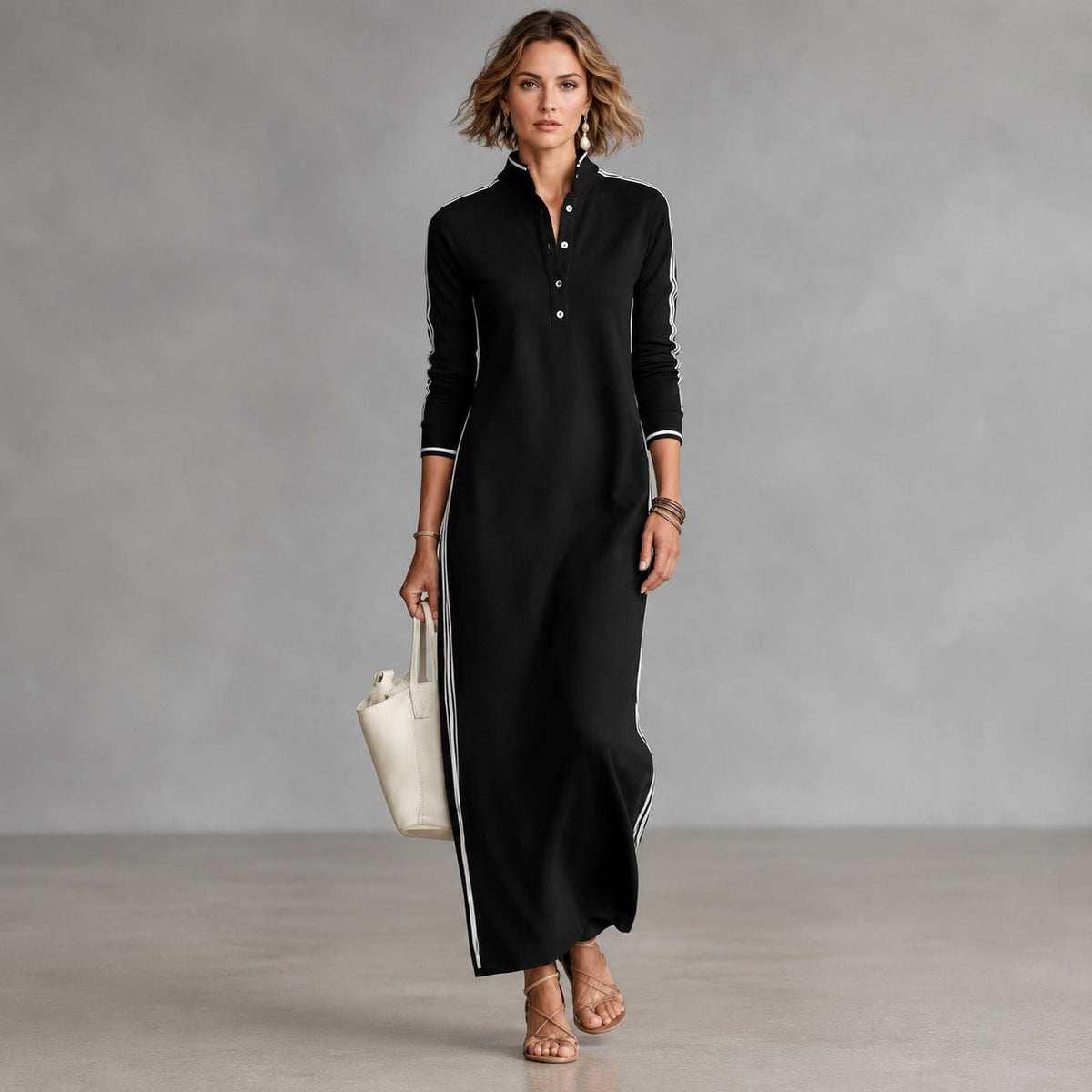 Vestido Noriele™ com Gola Polo, Listras Laterais e Modelagem Longa.