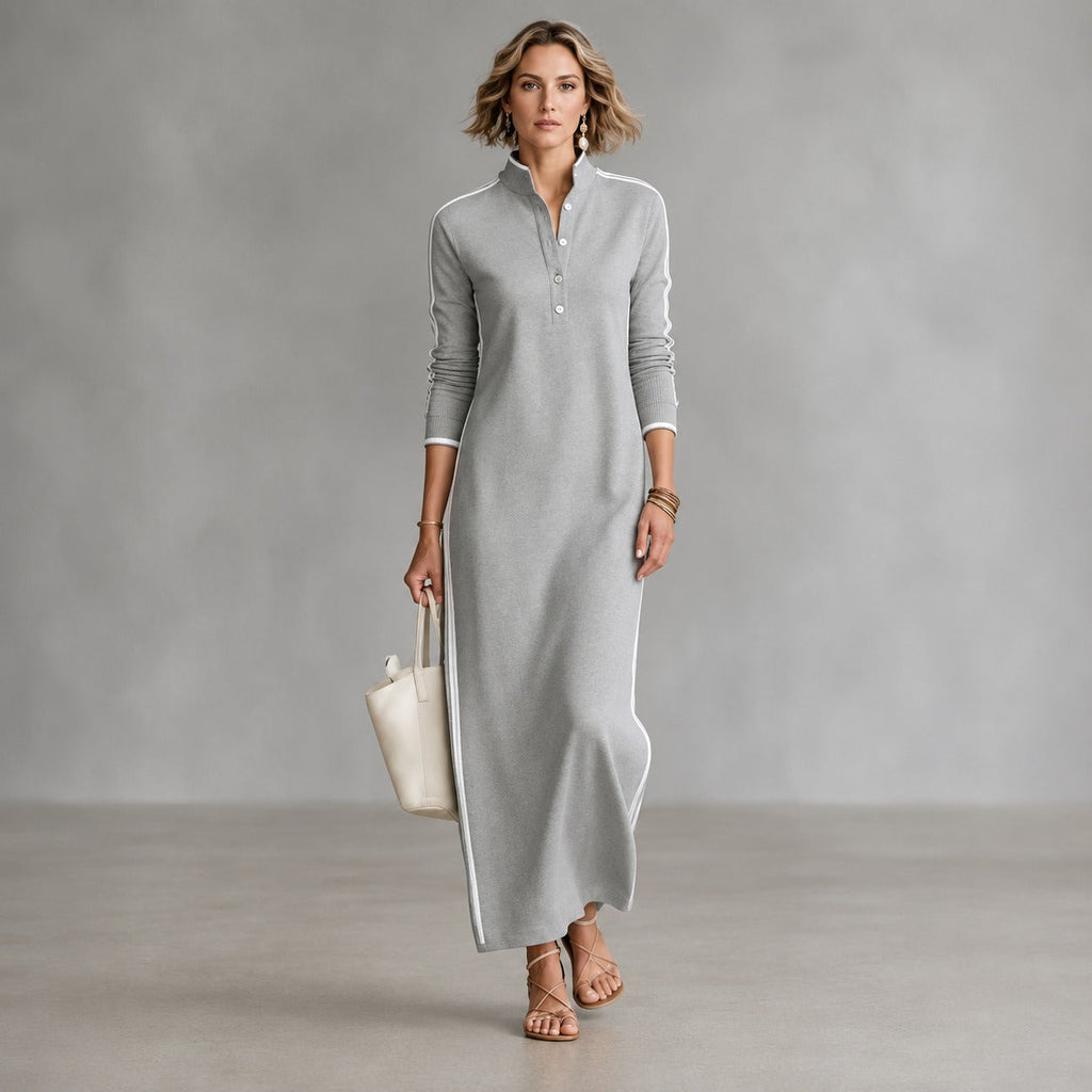 Vestido Noriele™ com Gola Polo, Listras Laterais e Modelagem Longa.