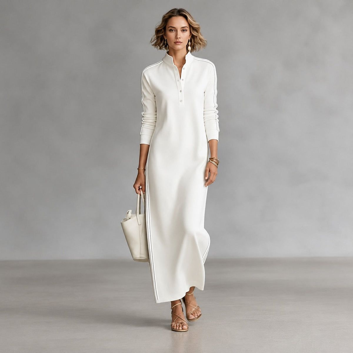 Vestido Noriele™ com Gola Polo, Listras Laterais e Modelagem Longa.