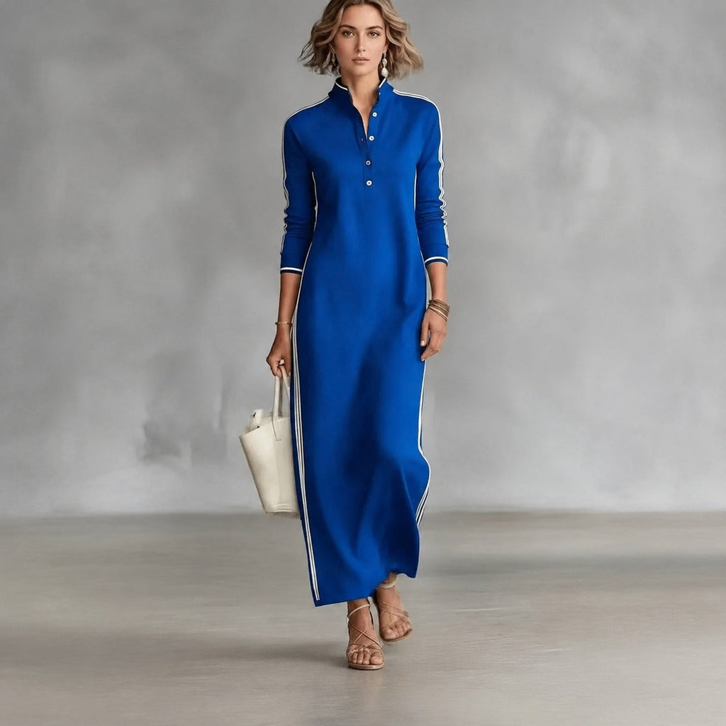 Vestido Noriele™ com Gola Polo, Listras Laterais e Modelagem Longa.