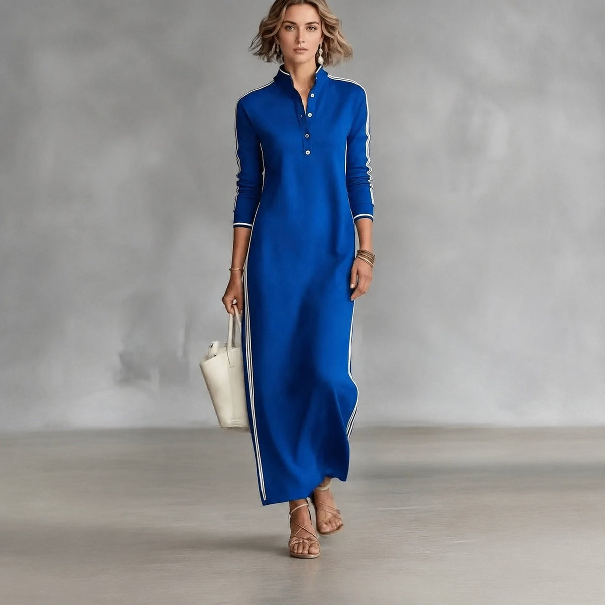 Vestido Noriele™ com Gola Polo, Listras Laterais e Modelagem Longa.