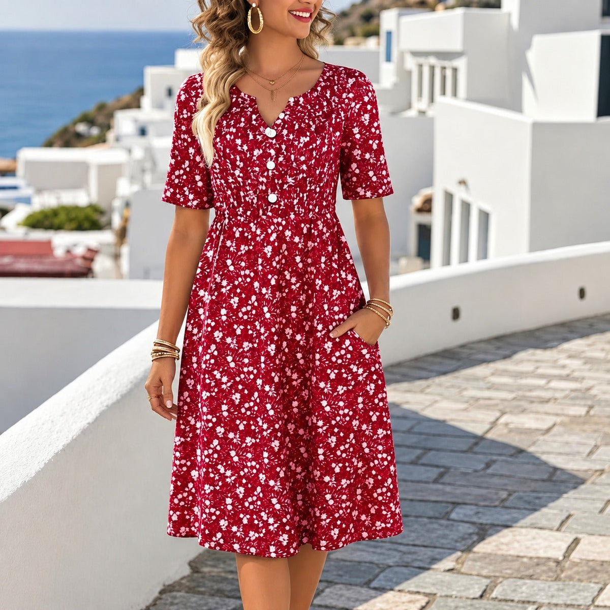 Vestido Valentina com Botões Frontais, Estampa Floral e Mangas Curtas