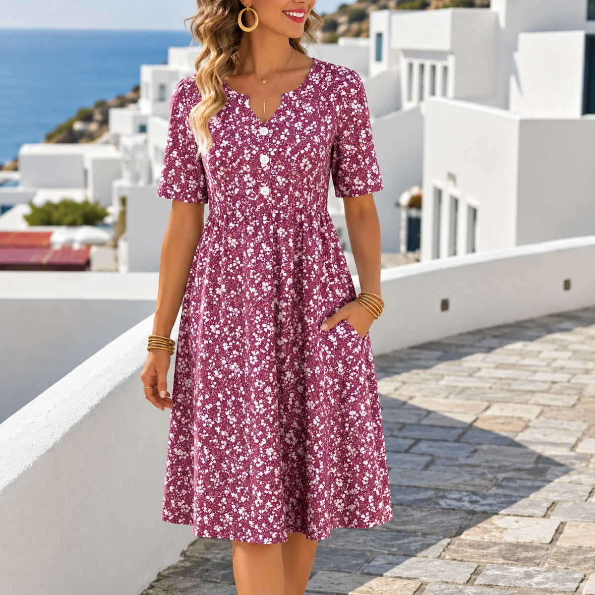 Vestido Valentina com Botões Frontais, Estampa Floral e Mangas Curtas