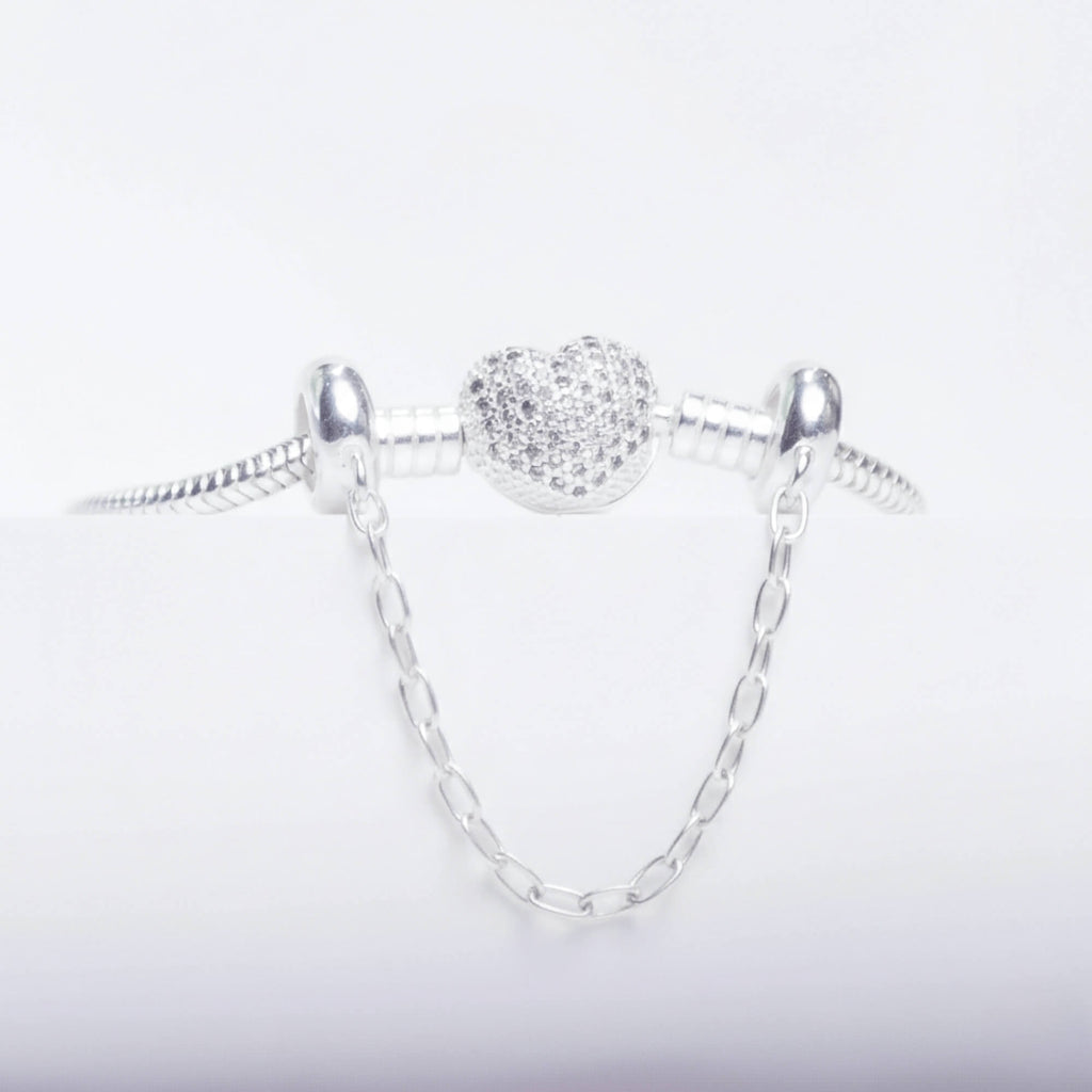 (BRINDE) Kit Pulseira Coração Cravejado + Corrente de Segurança Prata 925