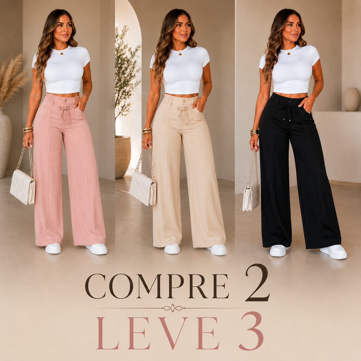 (Compre 2 e Leve 3) Calça Pantalona Helena em Malha de Seda Gelo e Poliéster